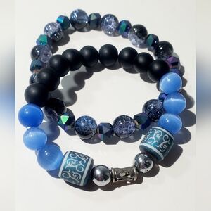 Blue and Black Glass And Ceramic Beaded Stretch Bracelet Set